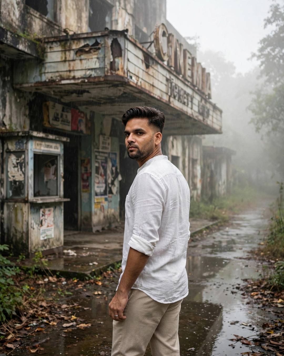 Young Indian man in white linen shirt walking away from an abandoned cinema hall in light rain