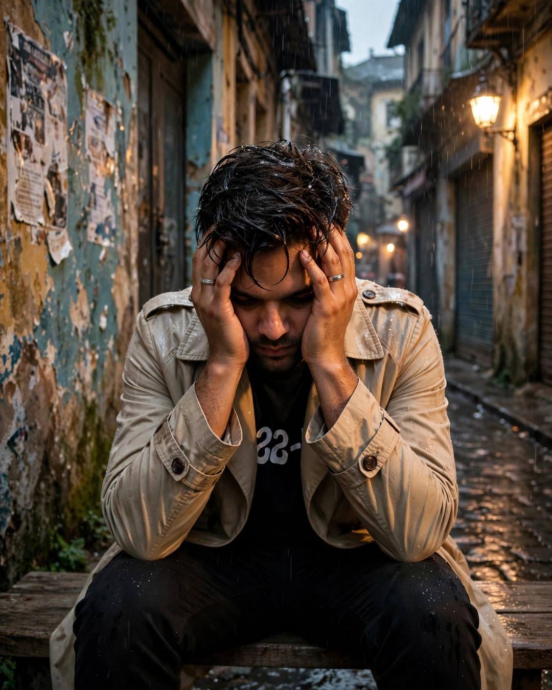 Young Indian man in beige trench coat sitting with head in hands in a rainy old-city lane at dusk