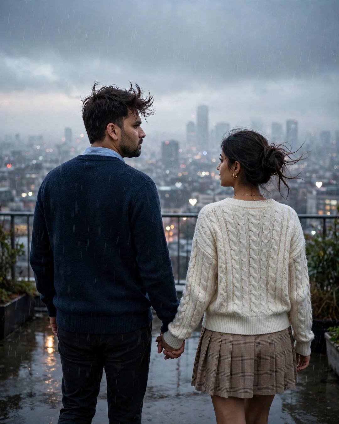 Couple holding hands walking away on a rainy rooftop overlooking city lights at night