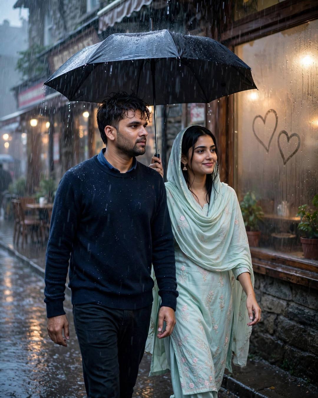 Couple under umbrella walking past old cafe with hearts drawn on fogged window in monsoon rain