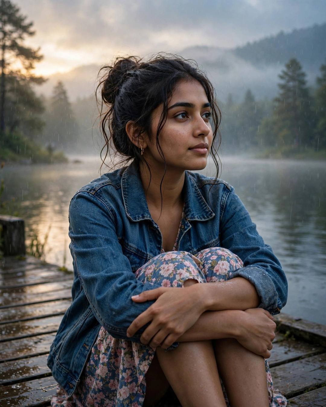 Young Indian woman in denim jacket over floral dress sitting with knees drawn up on a misty lake pier at dawn in drizzle