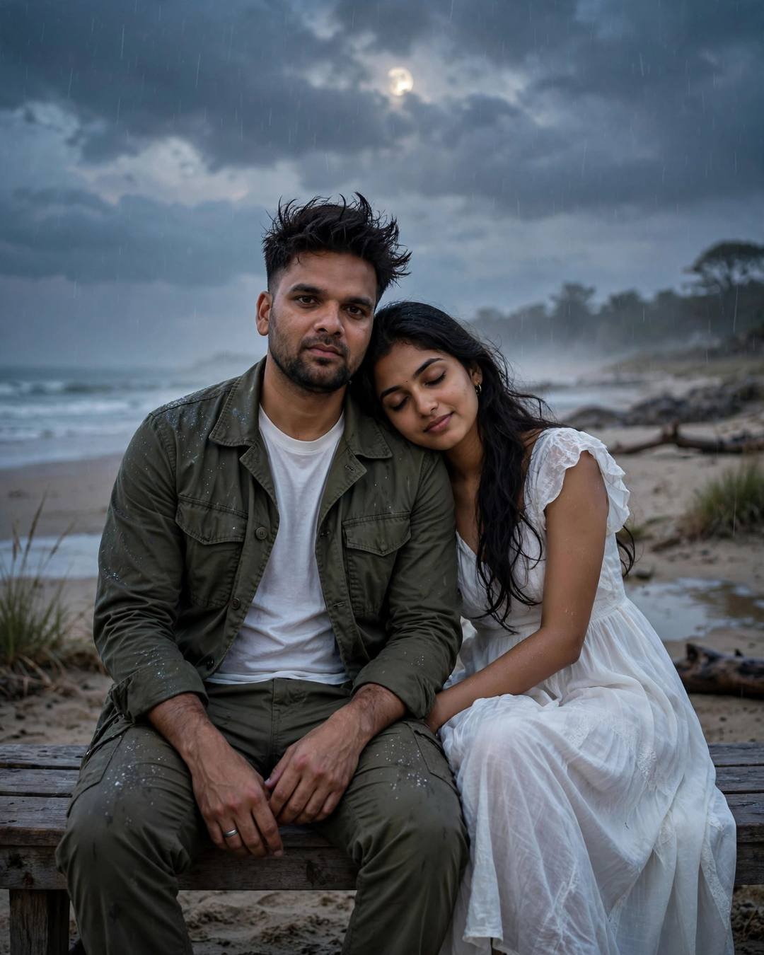 Young couple on a beach bench in light rain at dusk, woman in white dress resting her head on the man's shoulder, moon behind clouds