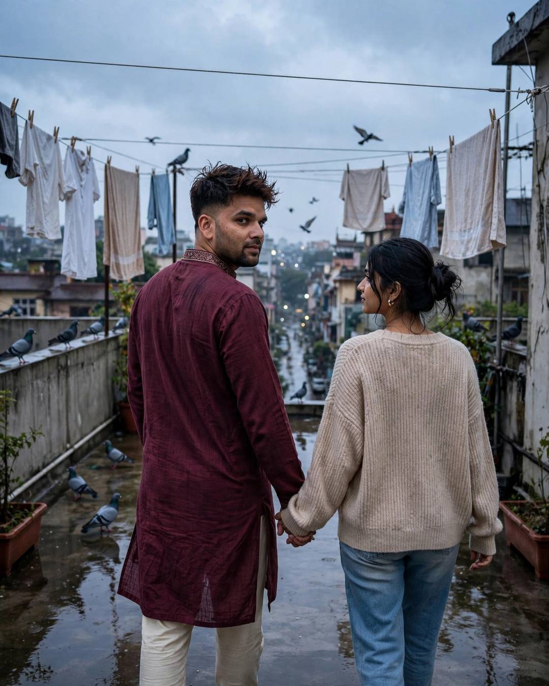 Indian couple walking hand in hand away across a rainy terrace with clothes lines and pigeons