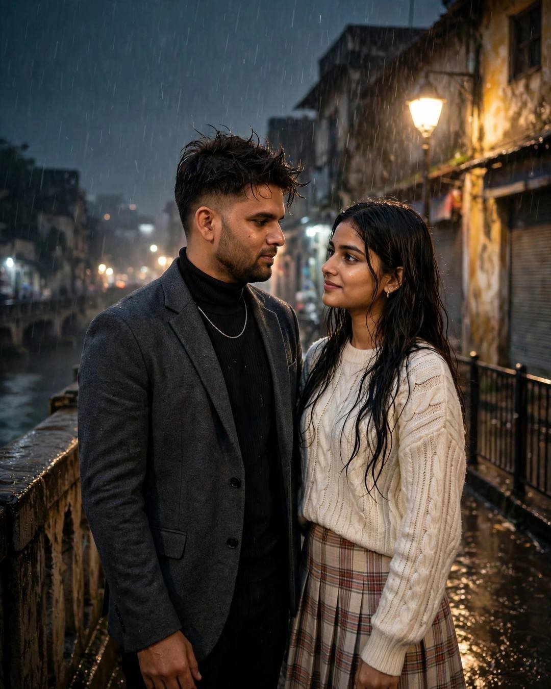 Indian couple standing on a rainy bridge at midnight gazing at each other under a streetlamp