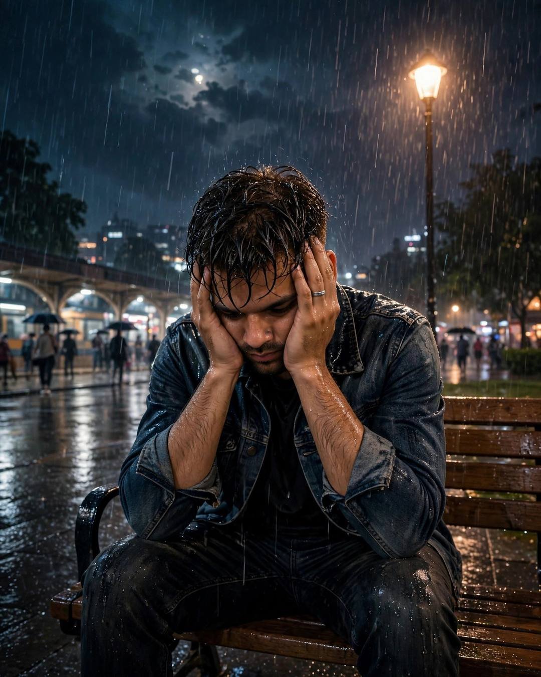 Young Indian man in denim jacket with head in hands on a rainy park bench at midnight