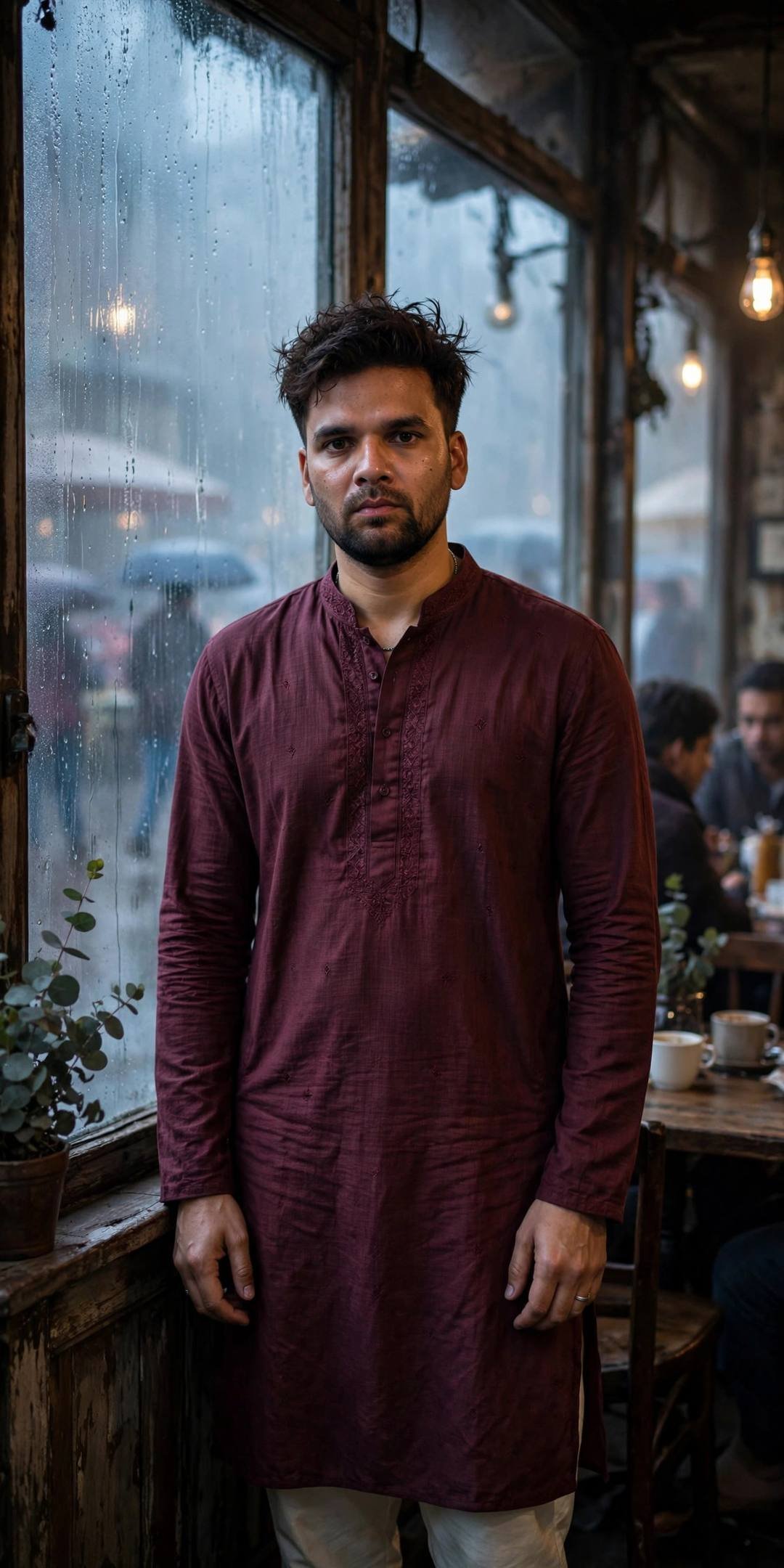 Young Indian man in maroon kurta standing at a rain-streaked cafe window watching couples