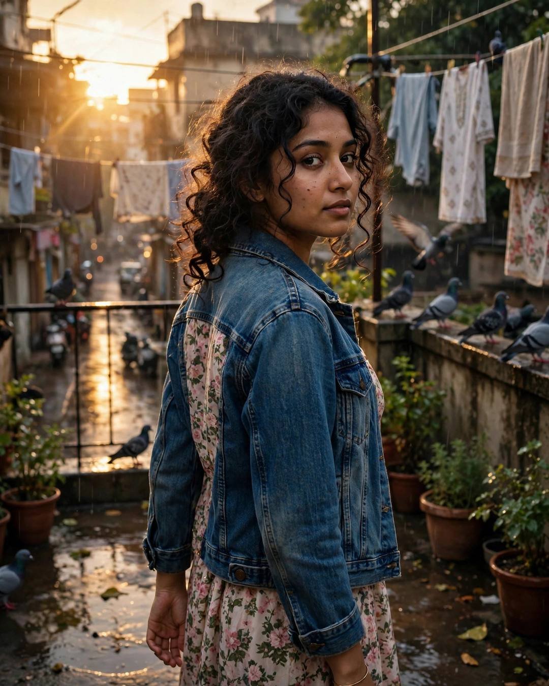 Young Indian woman in denim jacket on a rainy terrace with pigeons looking over her shoulder