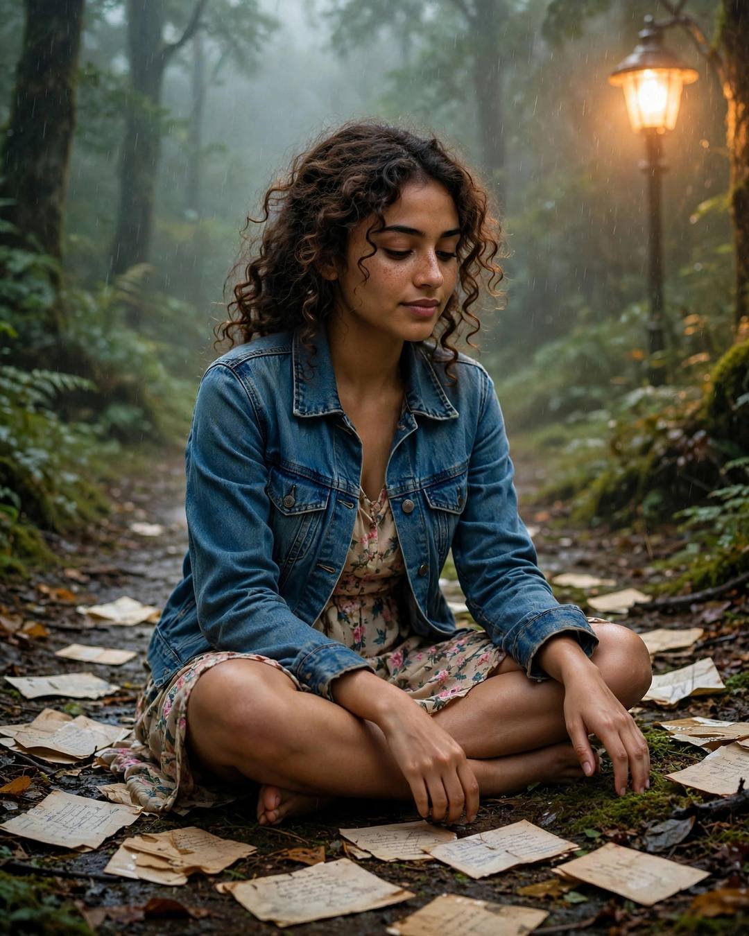 Young Indian woman in denim jacket sitting among old letters on a misty forest path