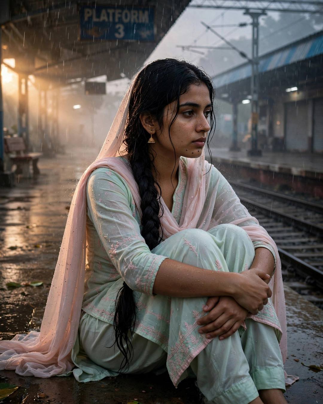 Young Indian woman in pastel salwar-kameez sitting alone on a rainy railway platform at night