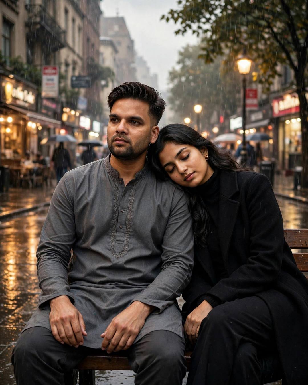 Indian couple sitting close on a rainy street bench, her head resting on his shoulder