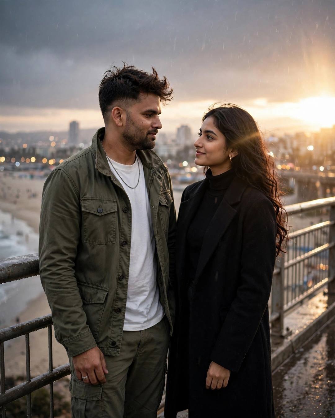 Indian couple on a bridge at a beach at dusk, golden light flaring through rain