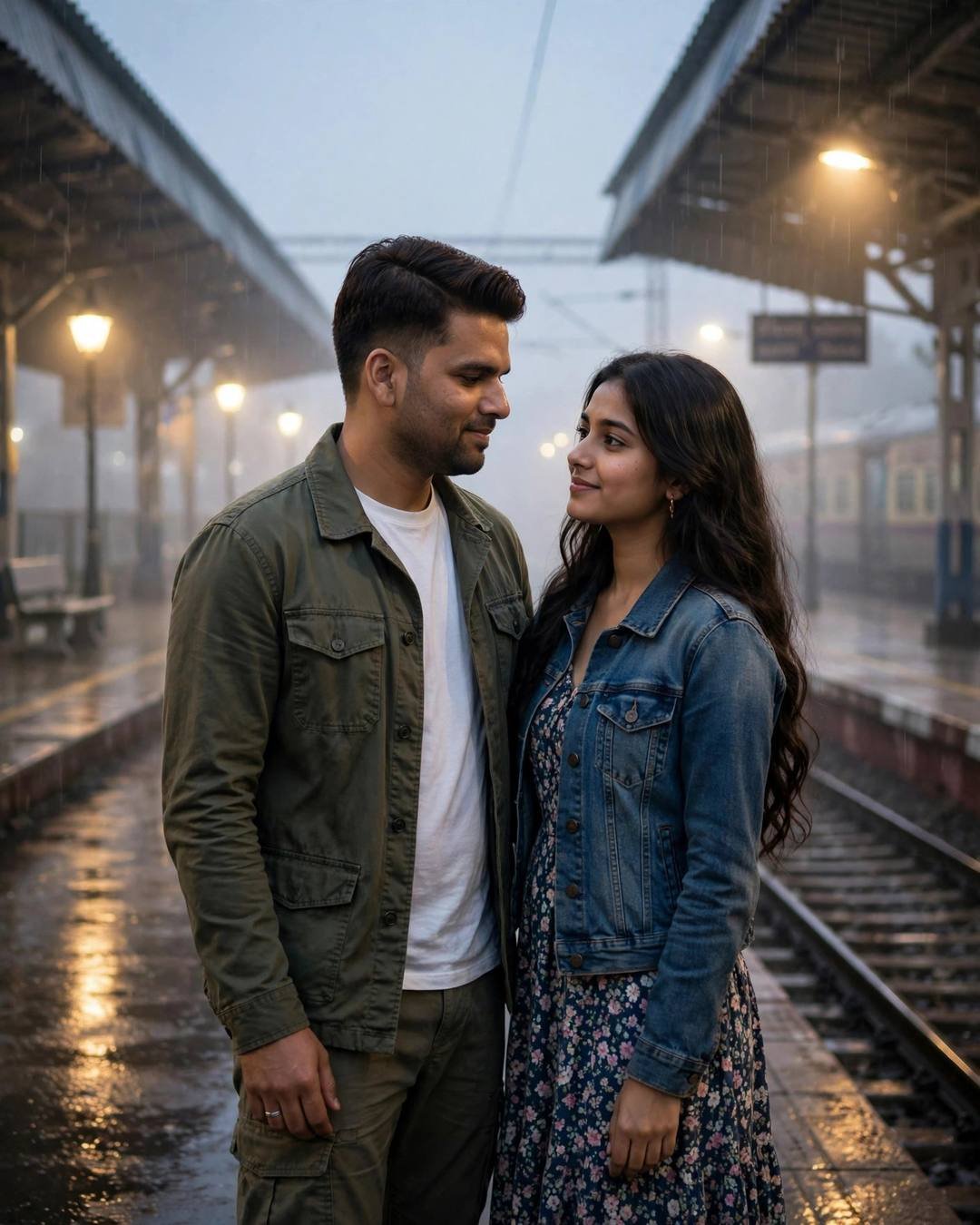 Indian couple standing close on a drizzly railway platform at dawn