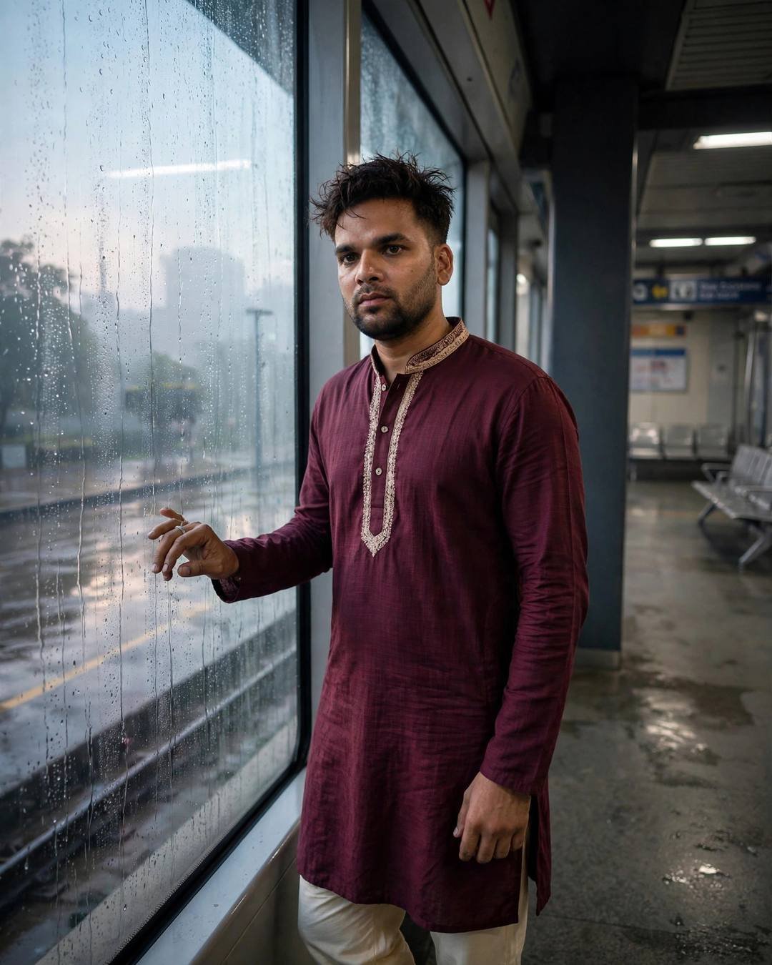 Young Indian man in maroon kurta with hand pressed to a rain-streaked metro station window at dawn