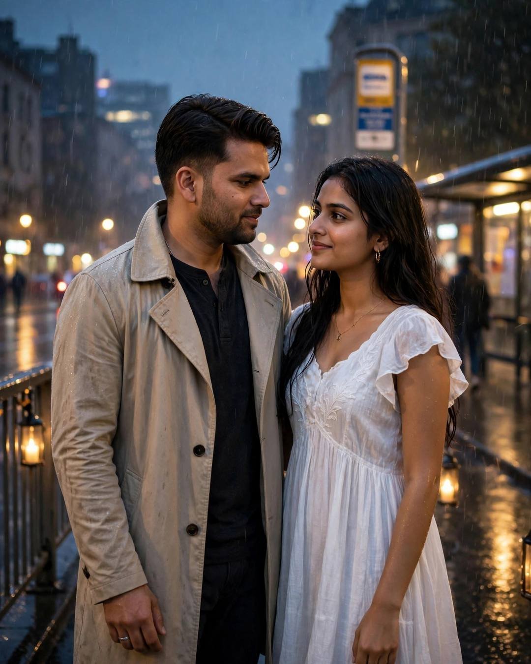 Couple standing on a rainy bridge at night looking at each other, man in beige trench coat, woman in white summer dress, city lights blurred