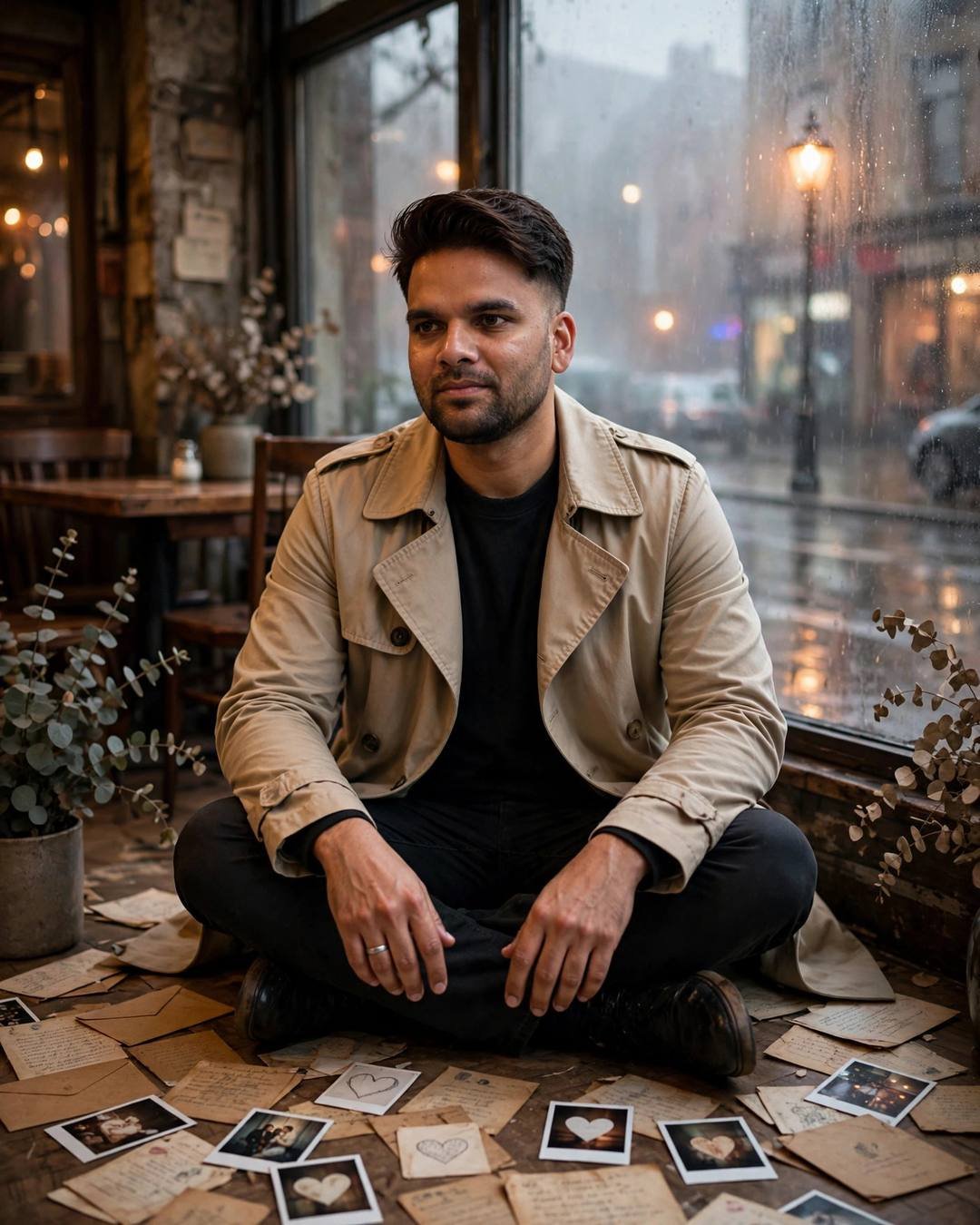 Young man in beige trench coat sitting cross-legged on a cafe floor surrounded by old letters and photographs, fogged window behind