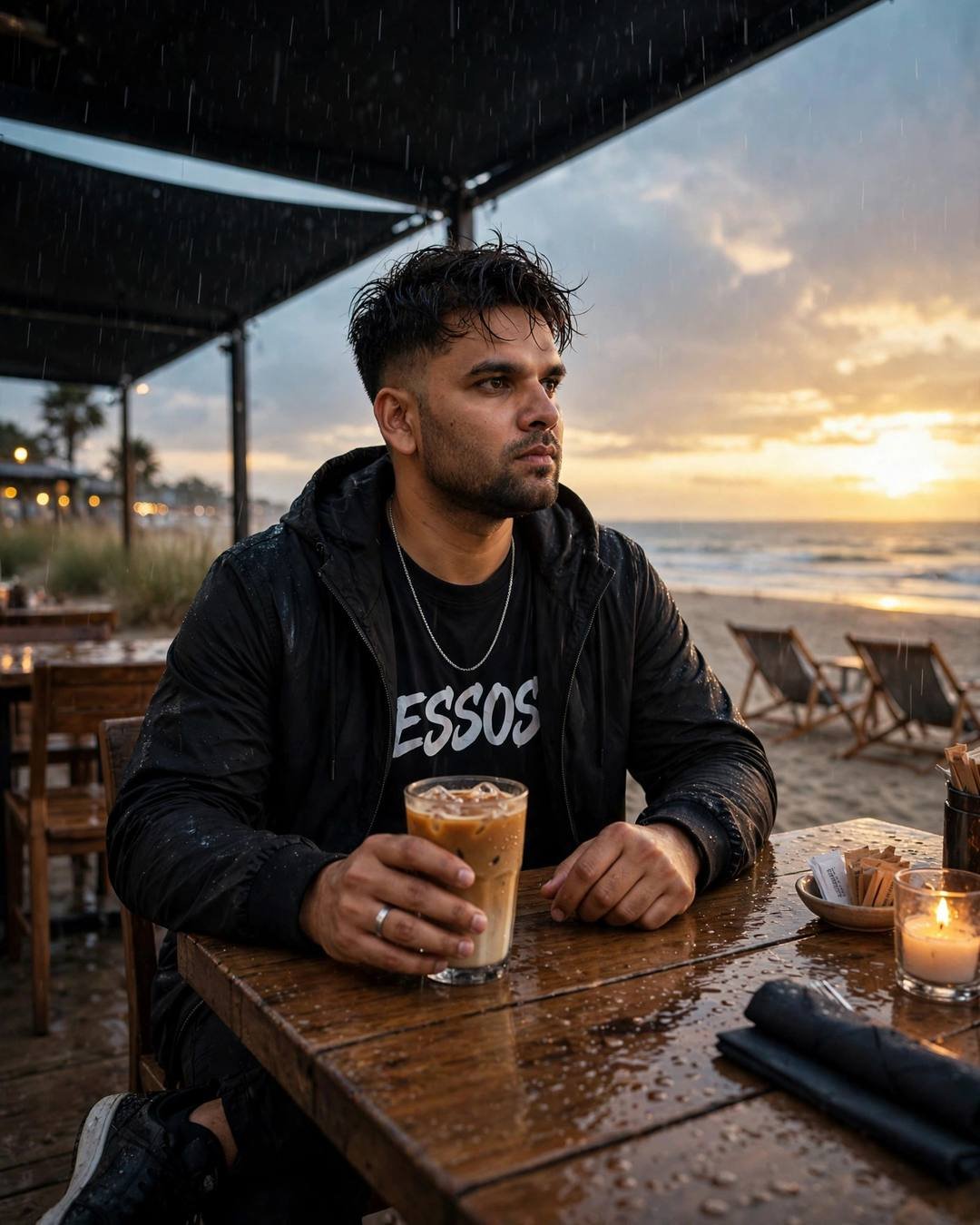 Young man in black streetwear sitting at a beach cafe table at golden hour cradling a cold coffee, lost in thought, waves behind