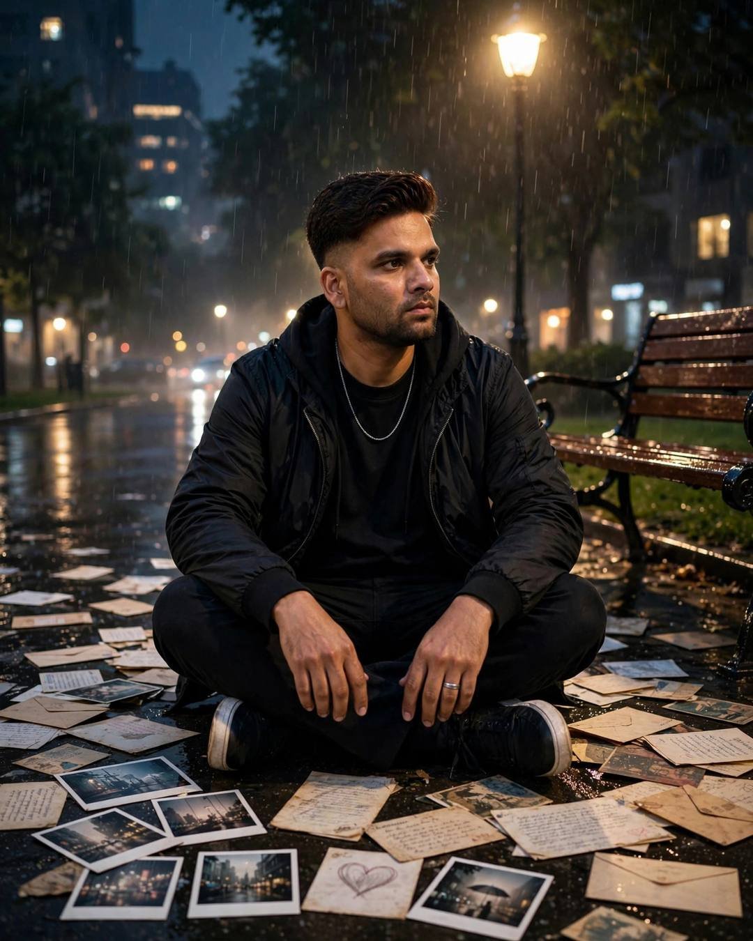 Young man in black streetwear sitting cross-legged on a wet park path at midnight surrounded by old letters and photographs, city glowing through rain