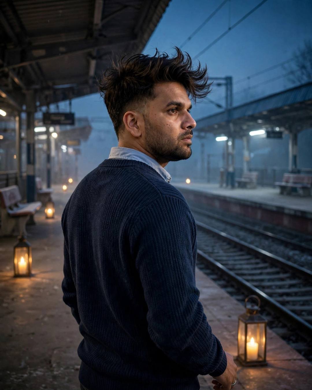 Young Indian man in navy sweater on an empty night railway platform with lanterns, looking down the tracks
