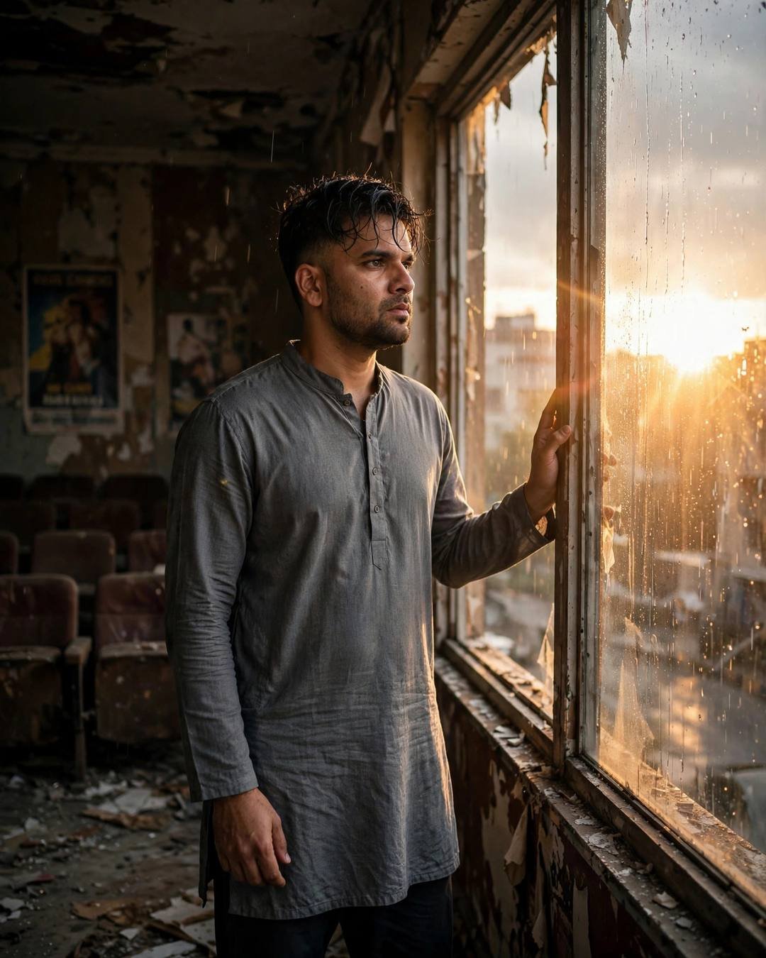 Young man in grey kurta standing at a rain-streaked window in an abandoned cinema hall, hand on the glass, golden-hour flare in rain