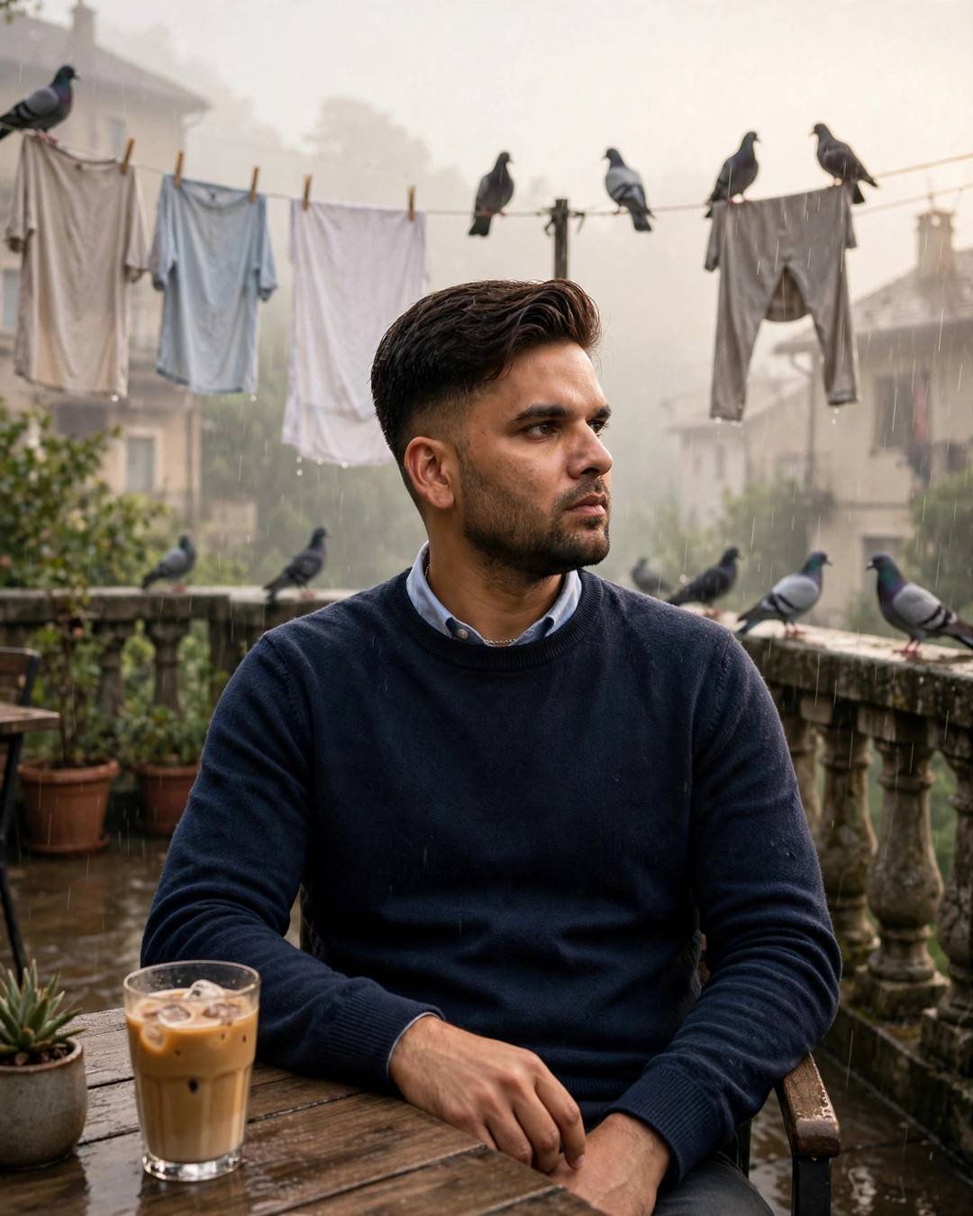 Young man in navy sweater sitting at a cafe table on a drizzly terrace with drying clothes lines and pigeons, cradling a cold coffee