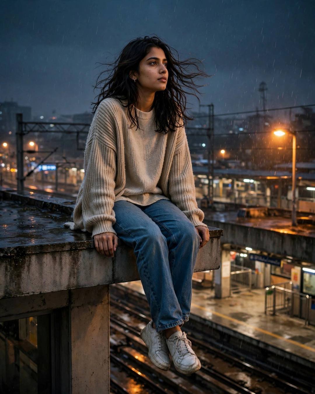 Young Indian woman in beige sweater and jeans sitting on a rooftop ledge with legs dangling above a midnight metro station, hair in the breeze