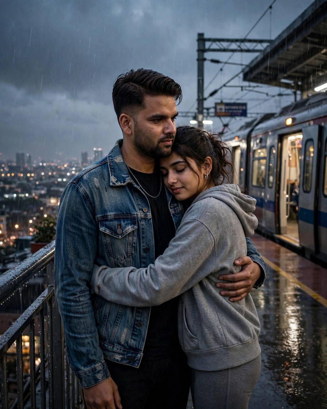 Couple holding each other in a close hug on a rooftop railway platform at midnight, city lights glowing gold through the rain below