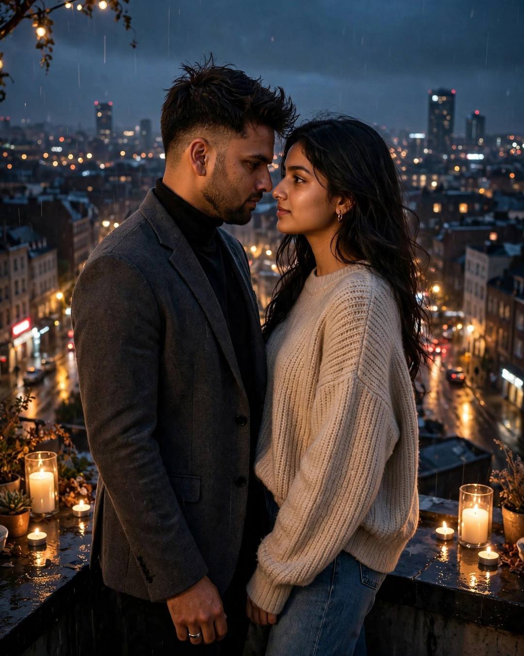Couple standing face to face with foreheads almost touching on a candle-lit rooftop overlooking sleeping city lights at night