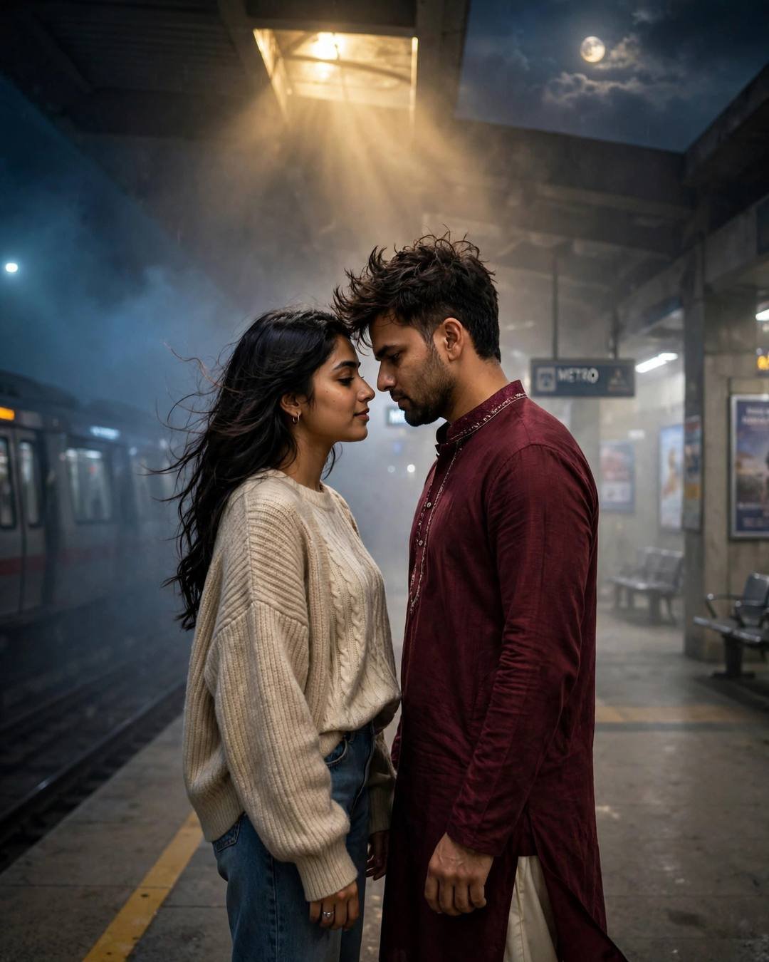 Couple standing face to face with foreheads almost touching on a fog-drowned midnight metro platform, moon in the torn sky, train waiting