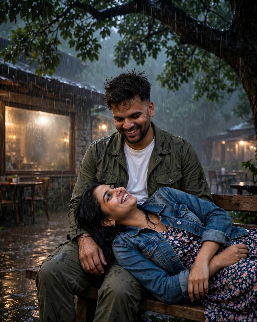Laughing couple at an old cafe in the rain at night, her head in his lap, warm lamplight against the fogged window