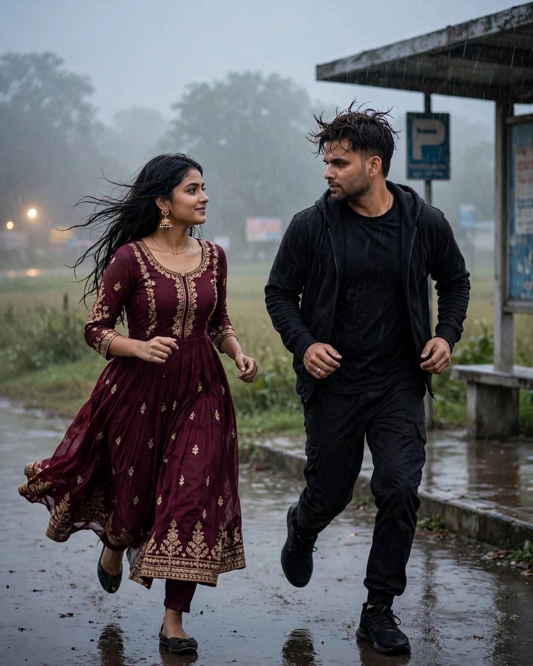 Couple running toward each other on a rain-soaked road by a bus stop, her maroon anarkali flying in the wind