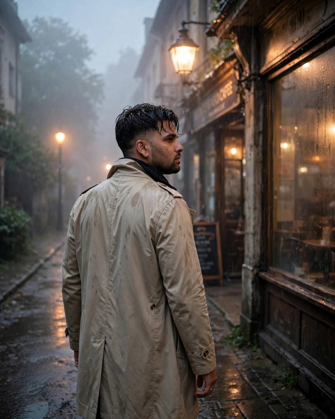 Young Indian man in trench coat walking away on a foggy cafe street, looking back over shoulder
