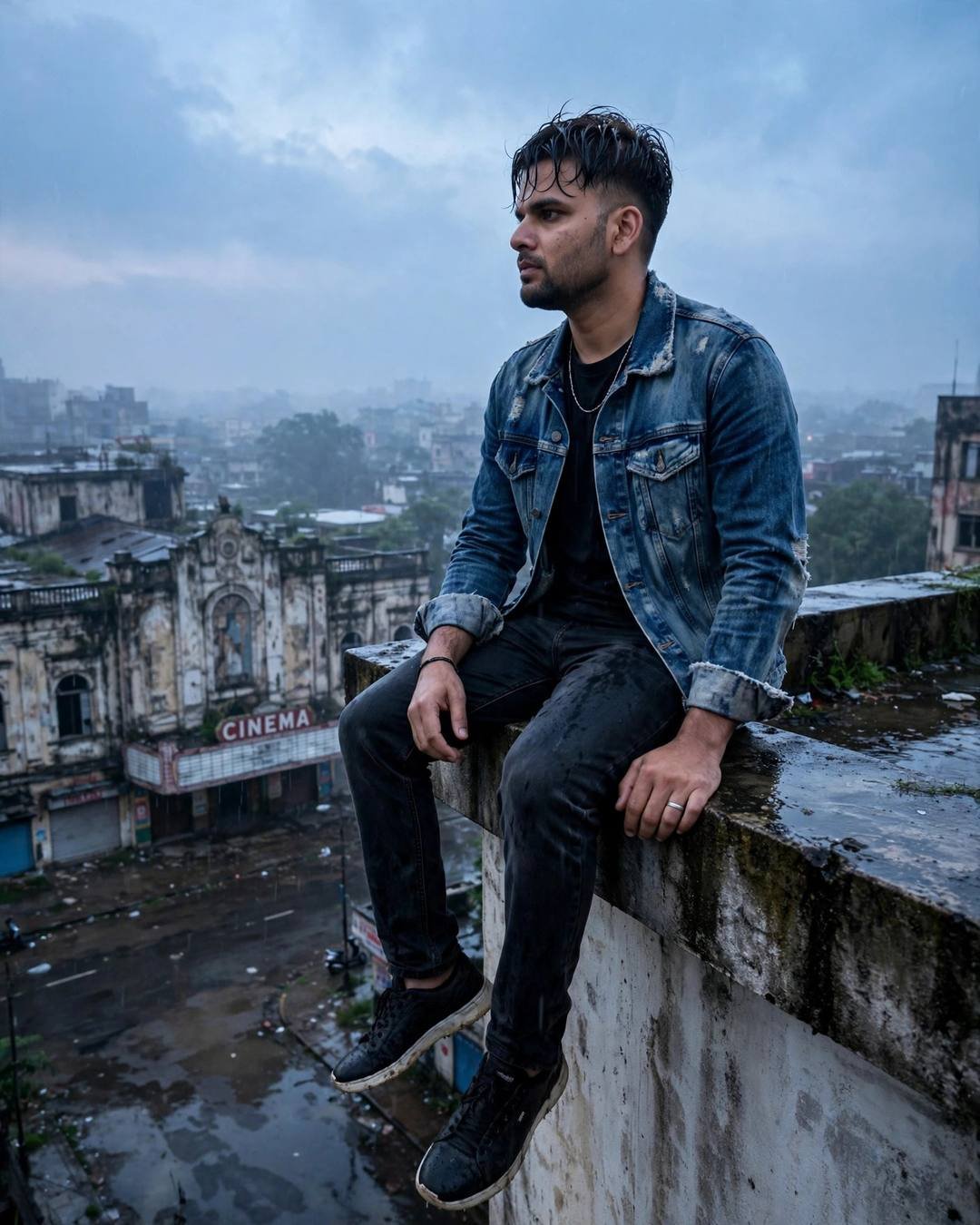 Young Indian man sitting on a rooftop ledge with legs dangling above an old cinema at dawn