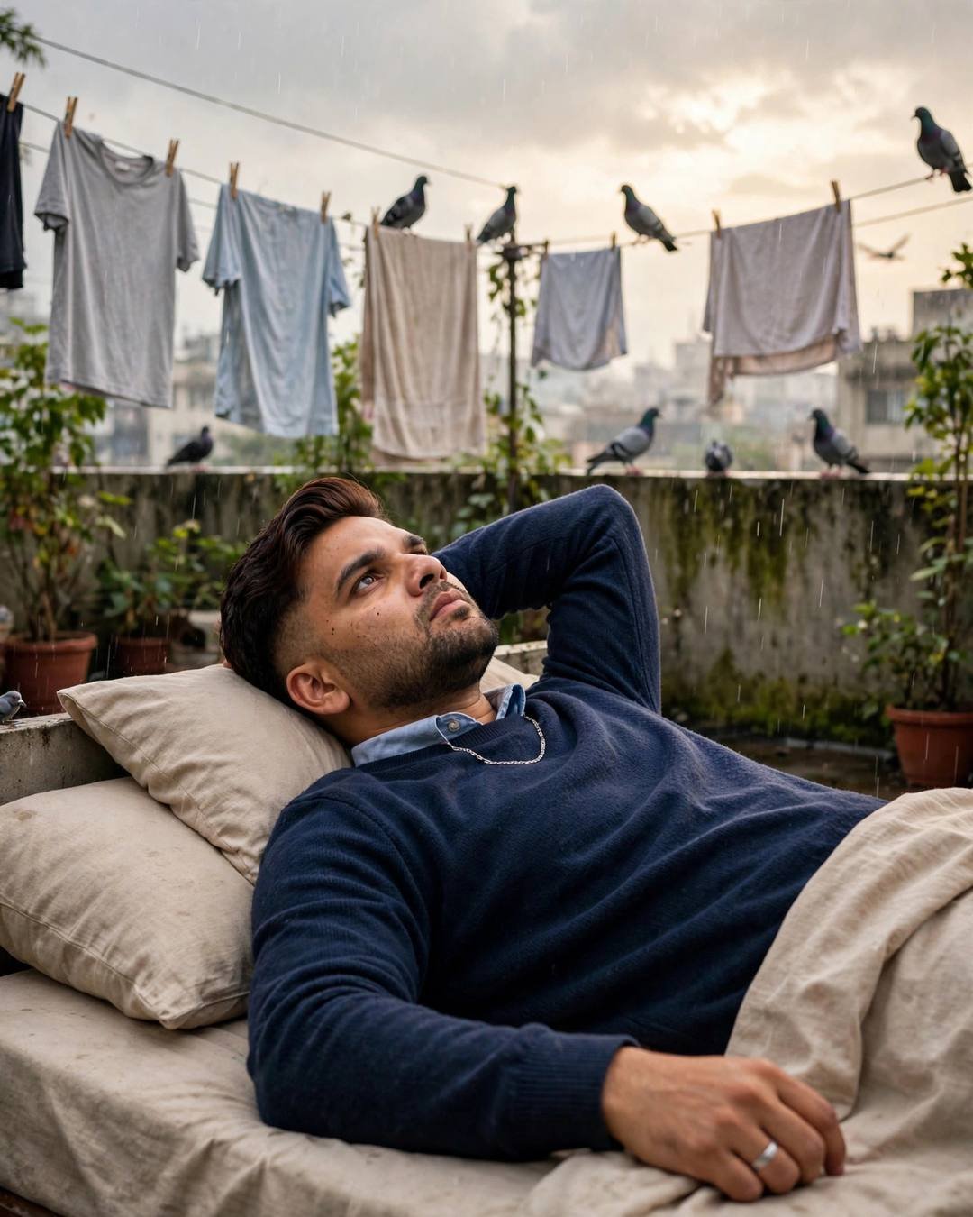 Young Indian man reclining on a terrace daybed with pigeons and clothes lines, gazing at the sky