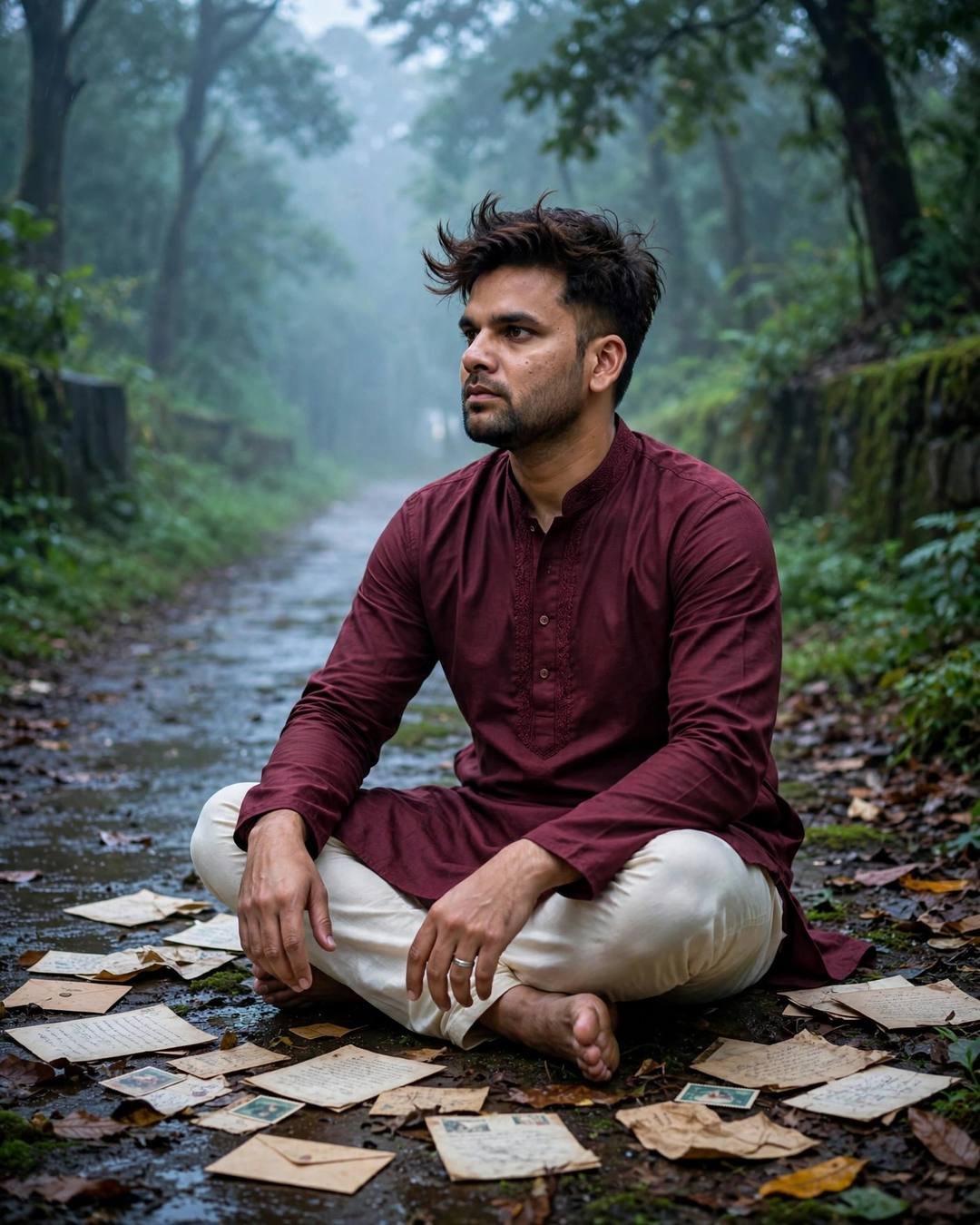 Young Indian man in maroon kurta sitting cross-legged among old letters on a misty forest path