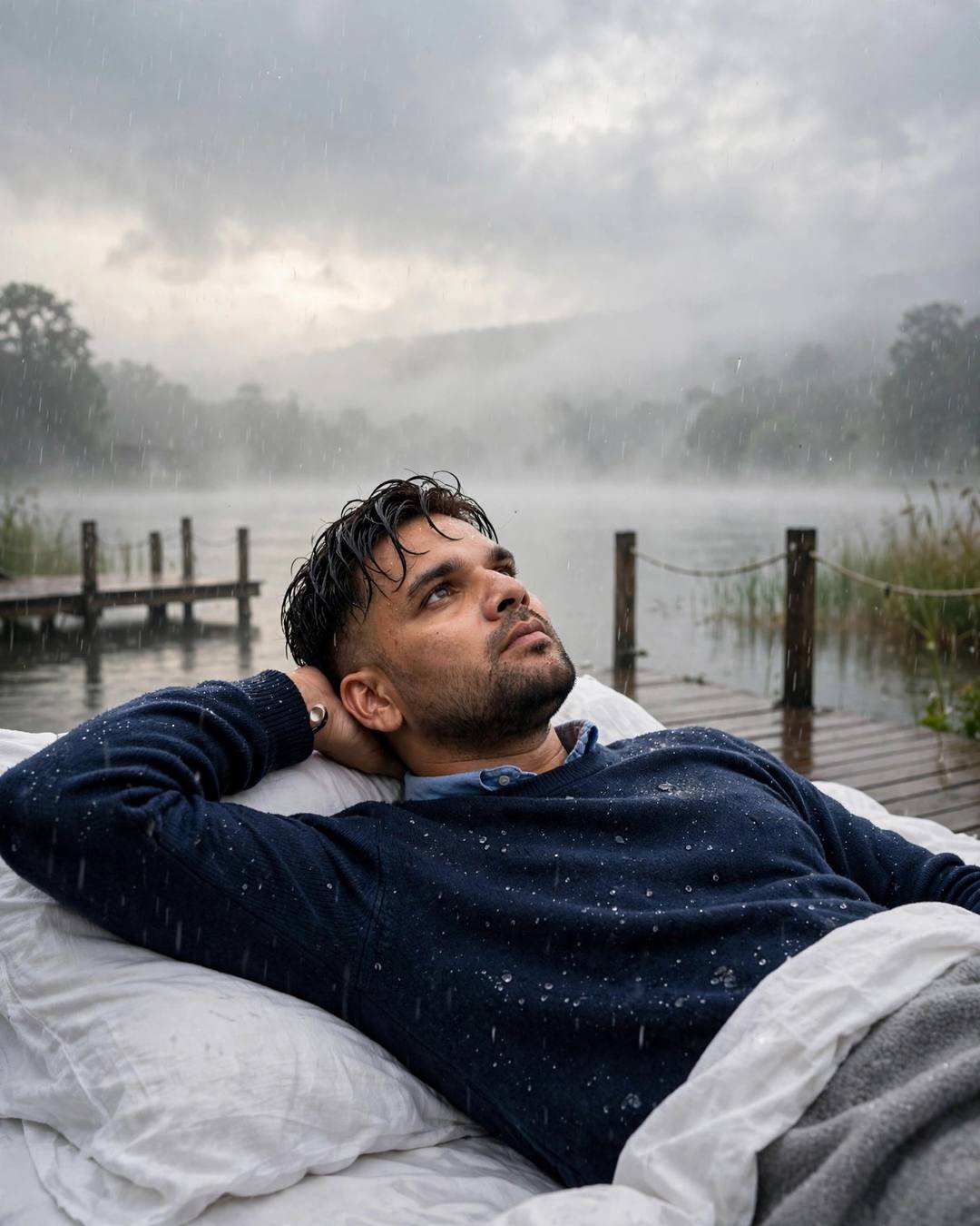 Young Indian man in a navy sweater reclining on a bed at the edge of a rainy lake pier at dawn, arm behind his head