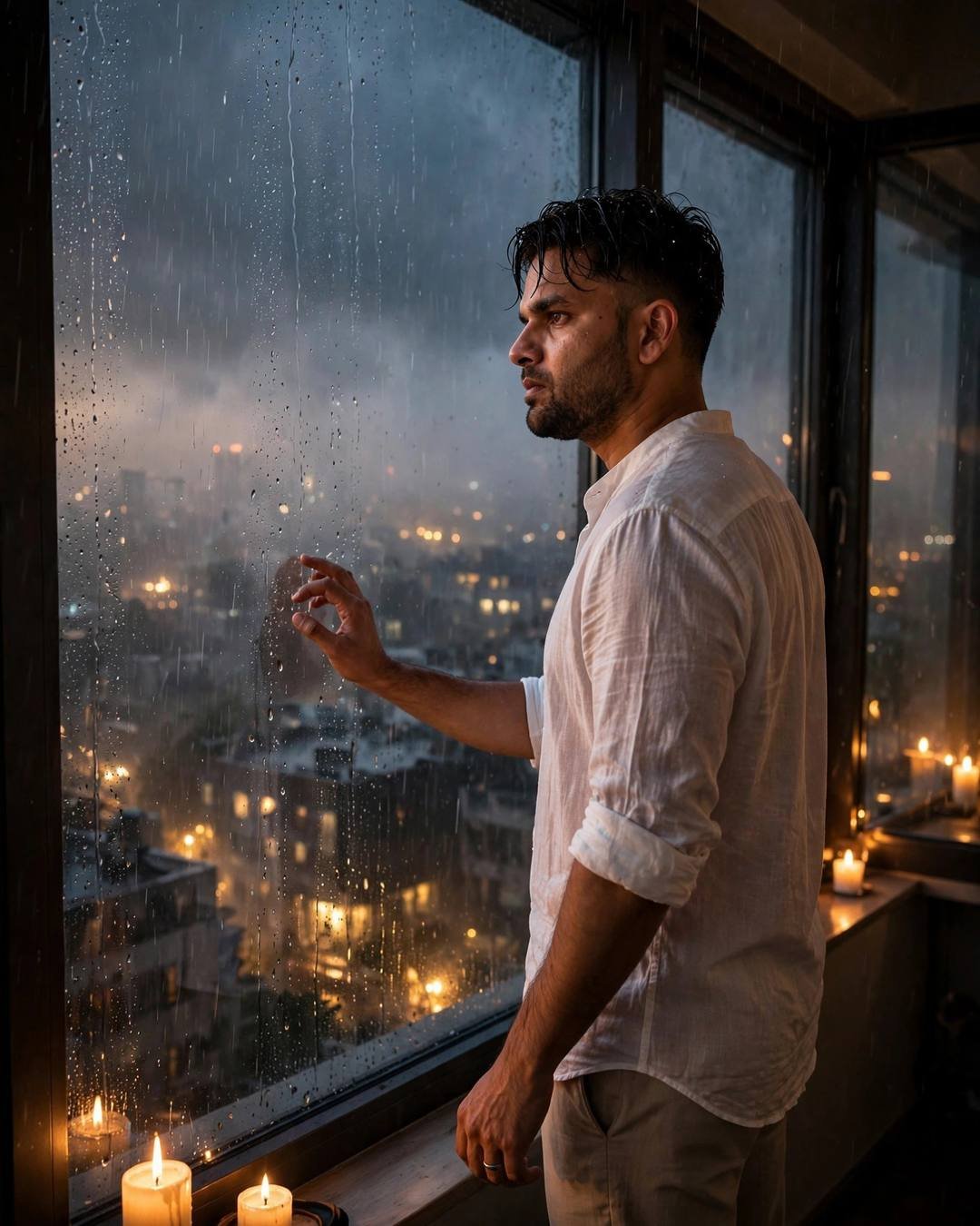 Young Indian man in a white linen shirt standing at a rain-streaked rooftop window, one hand on the glass, city glowing through fog behind him