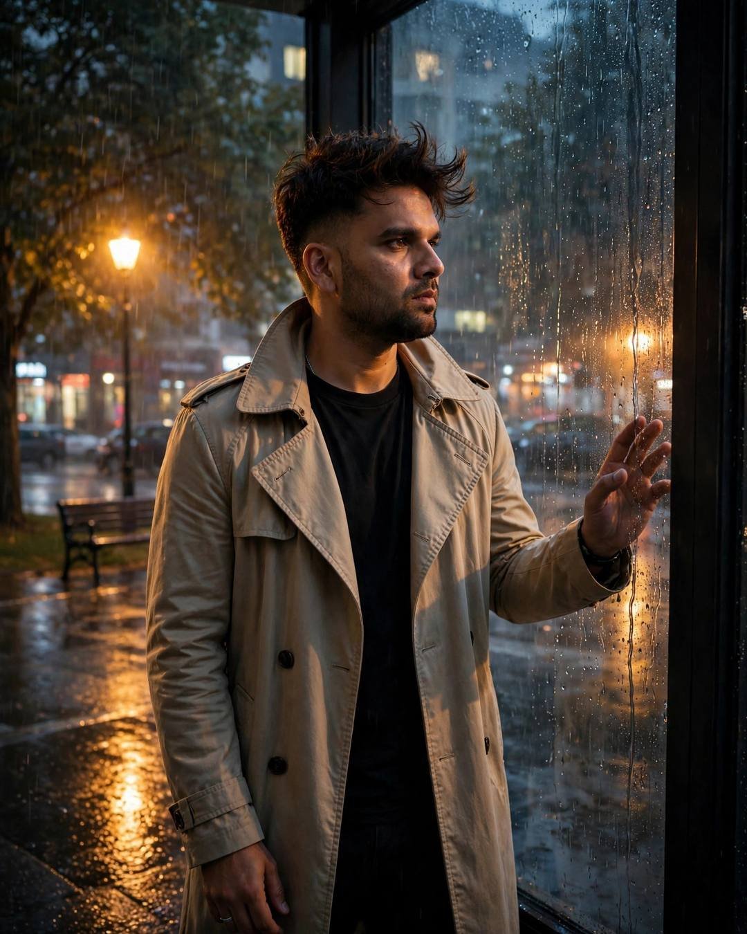 Young Indian man in a beige trench coat standing at rain-streaked shelter glass beside an empty park bench under a lone lamp at night