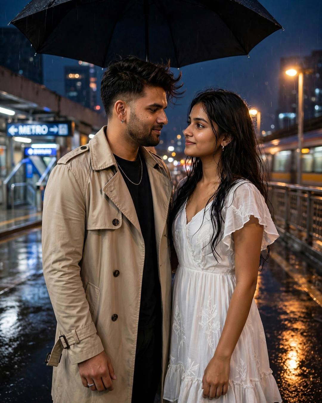 Couple sharing an umbrella on a bridge at night in the rain, looking at each other, city lights blurred behind