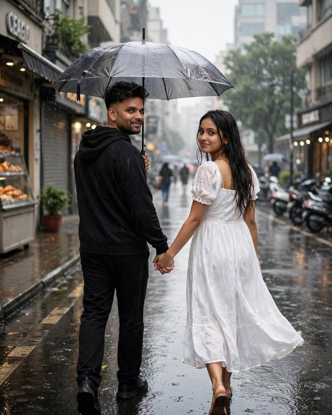 Couple walking away hand in hand down a rainy street under an umbrella, looking back over their shoulders