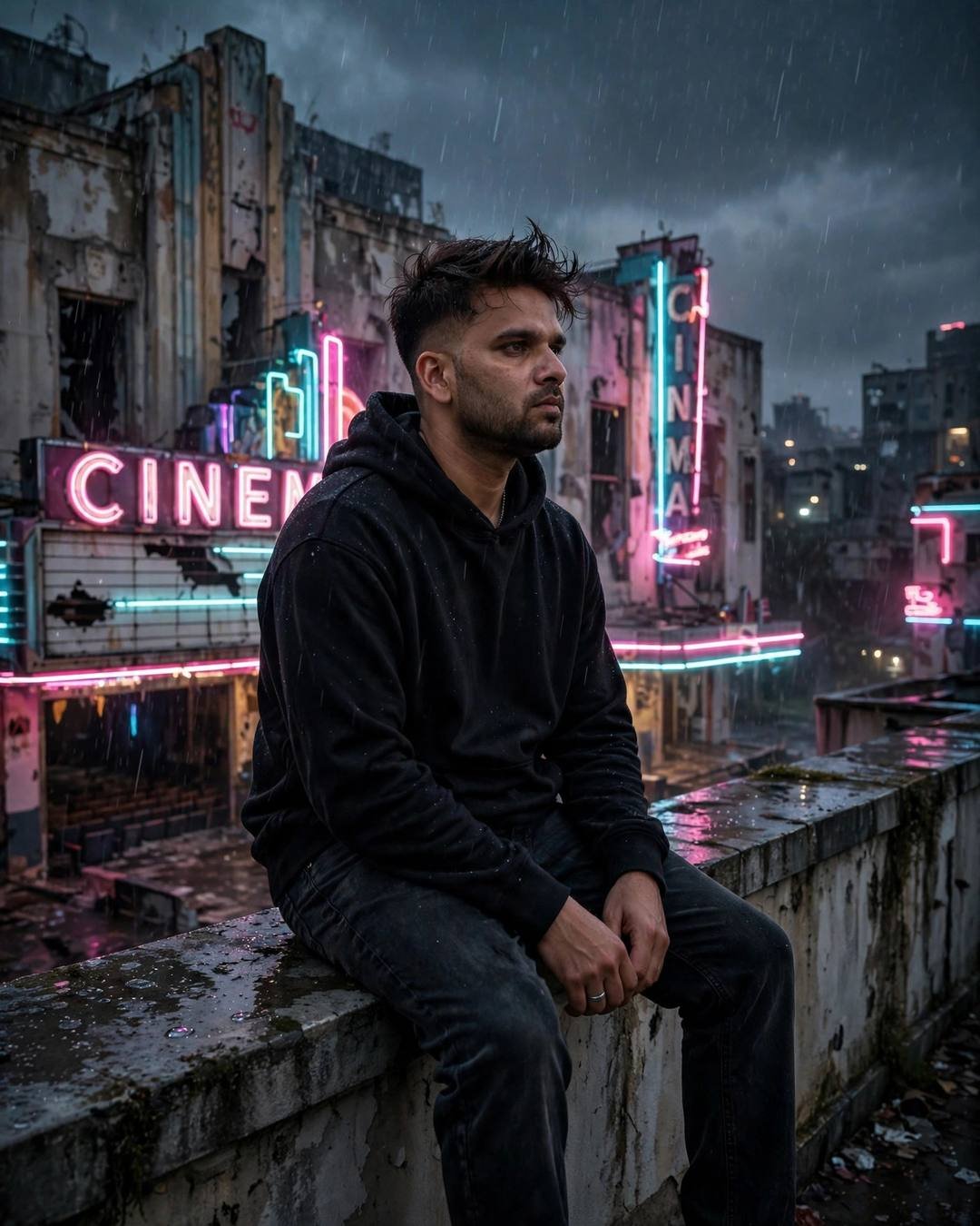 Young Indian man in black hoodie sitting on a ledge in front of an abandoned cinema with pink and cyan neon signs in rain