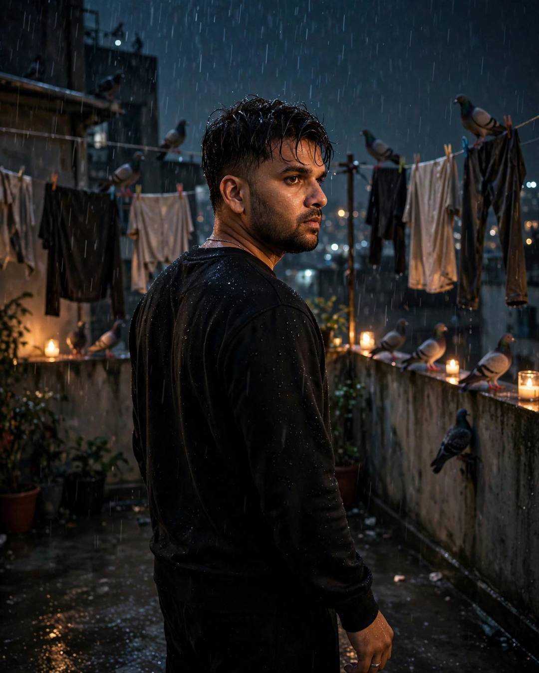 Young Indian man in black streetwear looking back over his shoulder on a candle-lit terrace with pigeons and clothes lines in rain