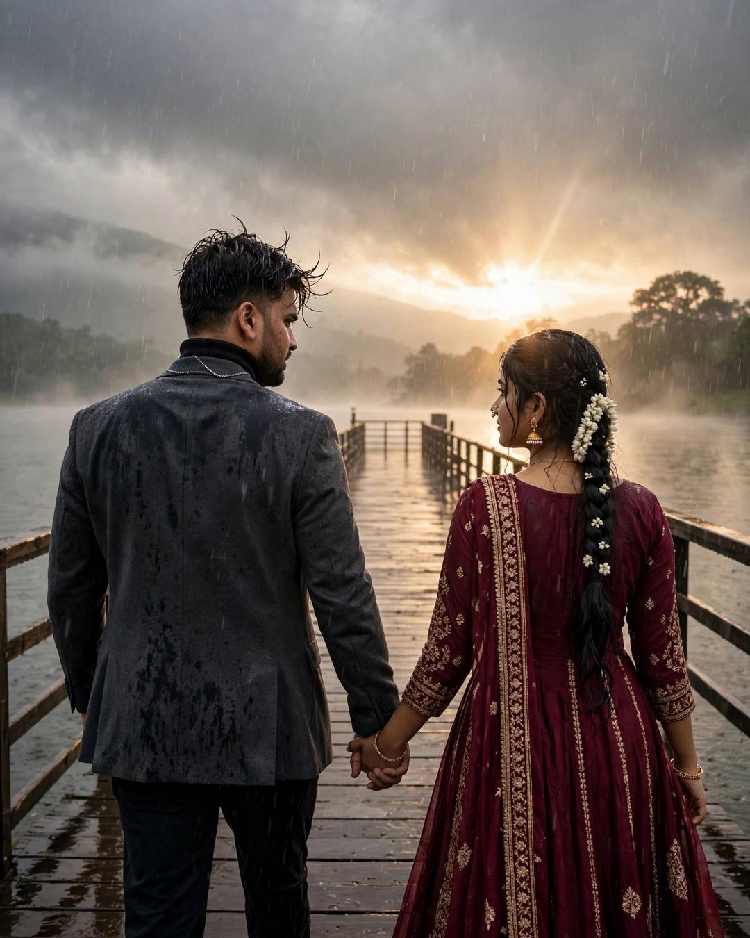 Couple walking hand in hand away from camera down a rainy lake pier at dawn, man in charcoal blazer, woman in maroon anarkali with jasmine braid
