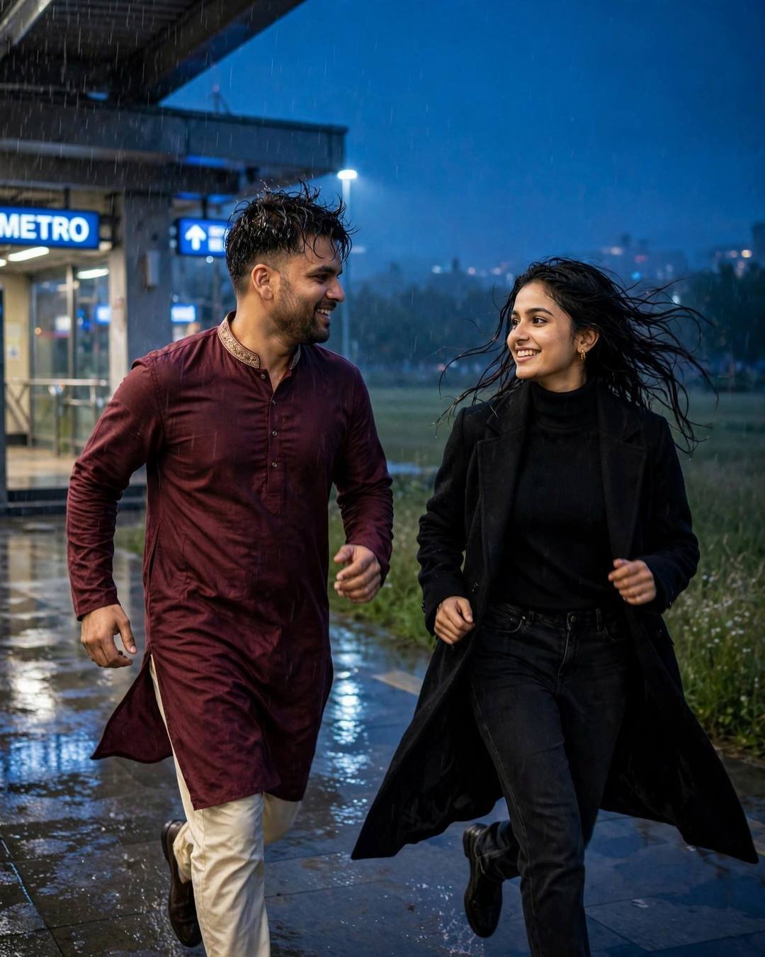 Couple running toward each other laughing outside a metro station at night in the rain, man in maroon kurta, woman in black turtleneck and long coat