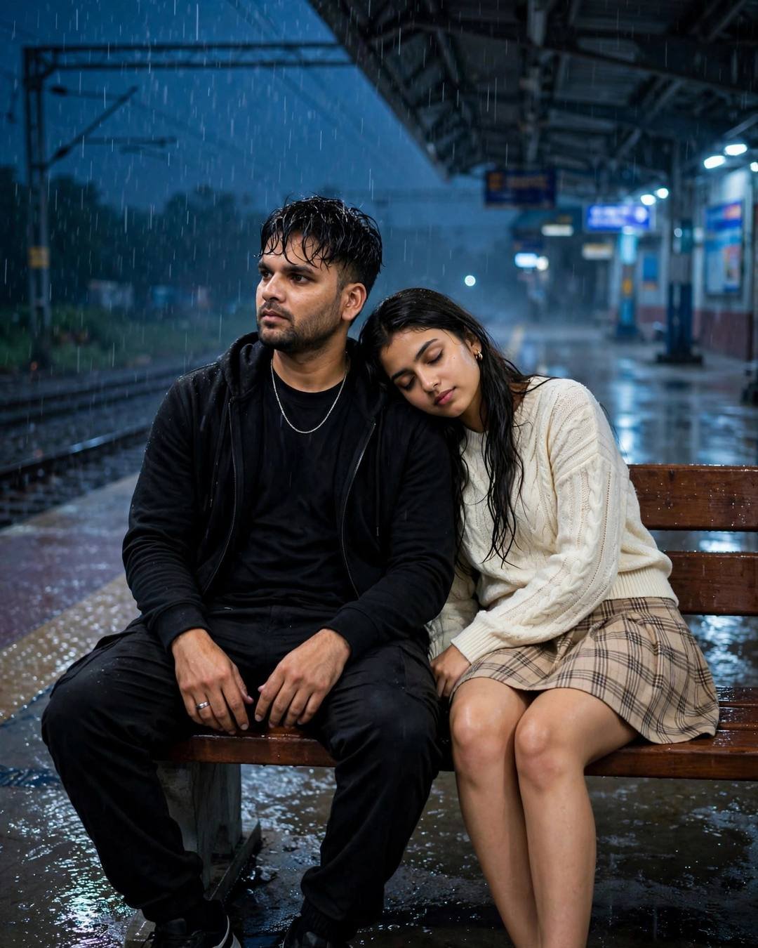 Couple on a bench at a rainy railway platform at midnight, woman resting head on man's shoulder