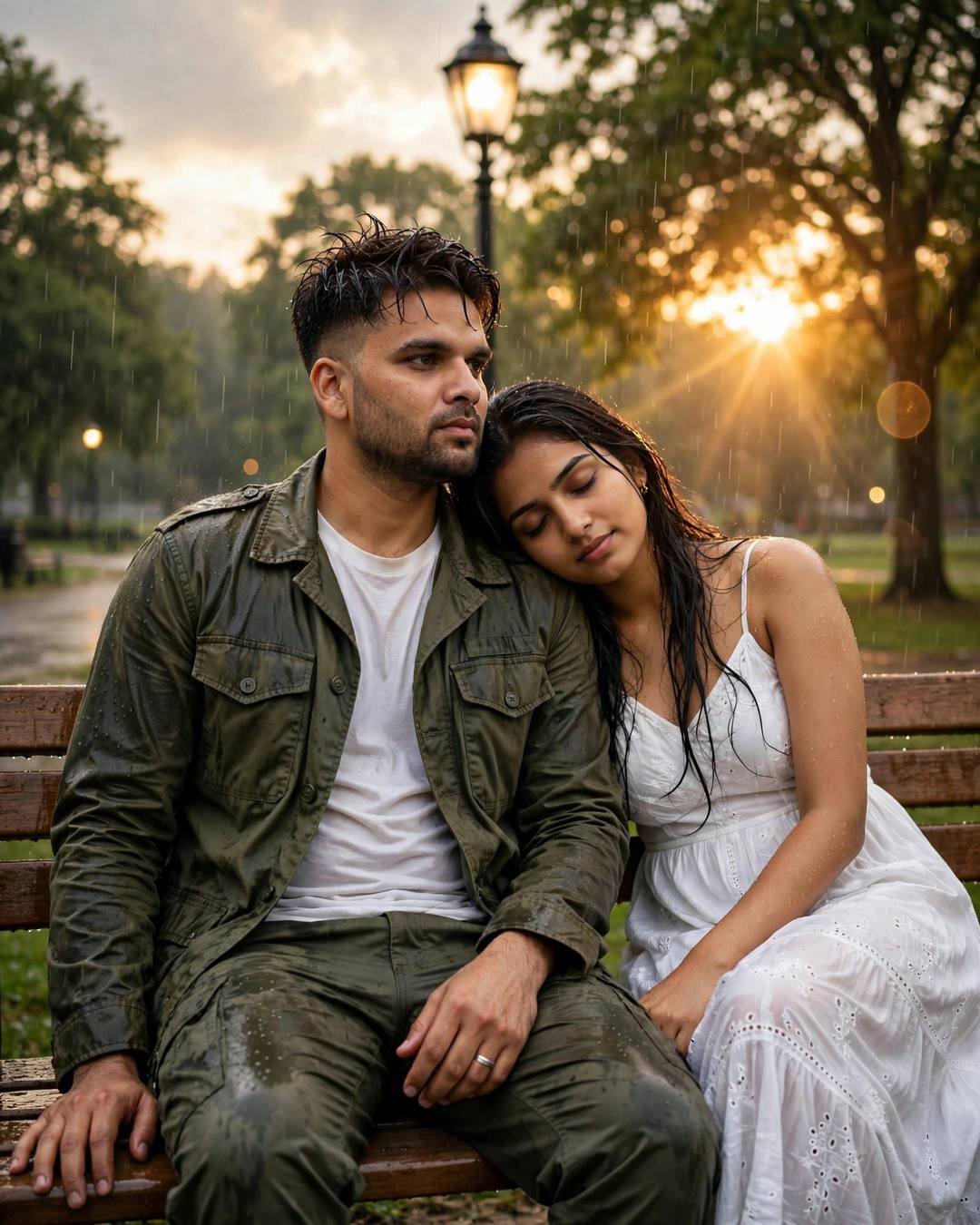 Couple sitting close on a park bench in the rain, her head resting on his shoulder, golden backlight and lens flare