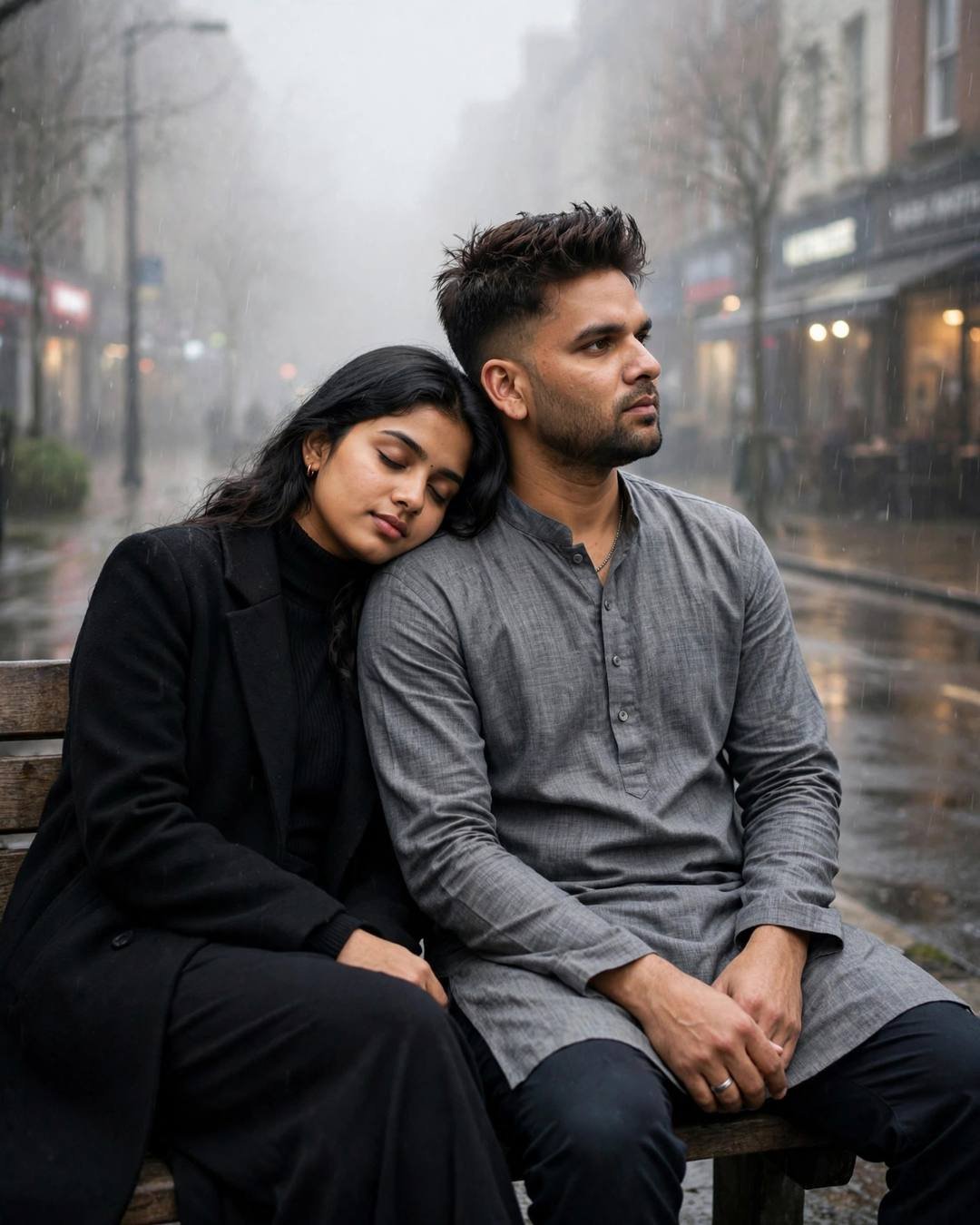 Couple on a bench on a rainy street, her head on his shoulder, soft grey fog light, gentle intimate mood