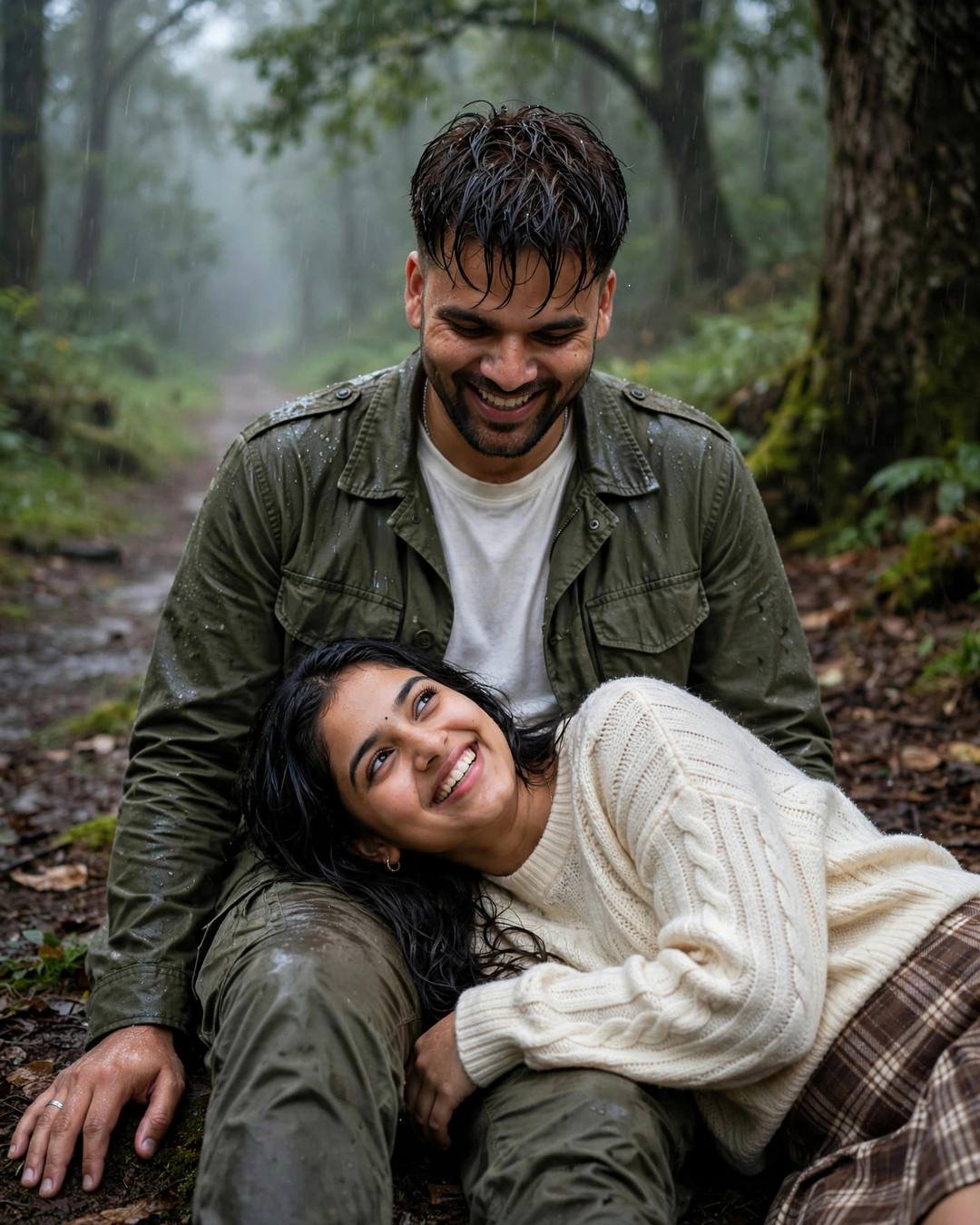Couple laughing together on a misty forest path in the rain, her head resting in his lap, joyful electric mood