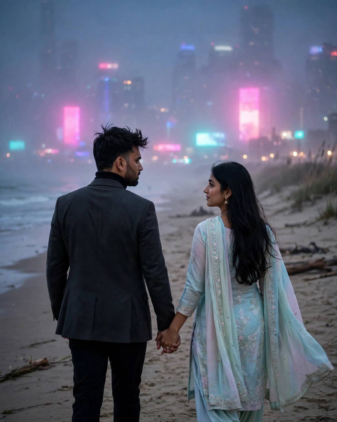 Couple walking hand in hand away from the camera on a deserted foggy beach at dusk, neon city glowing pink and cyan through the fog