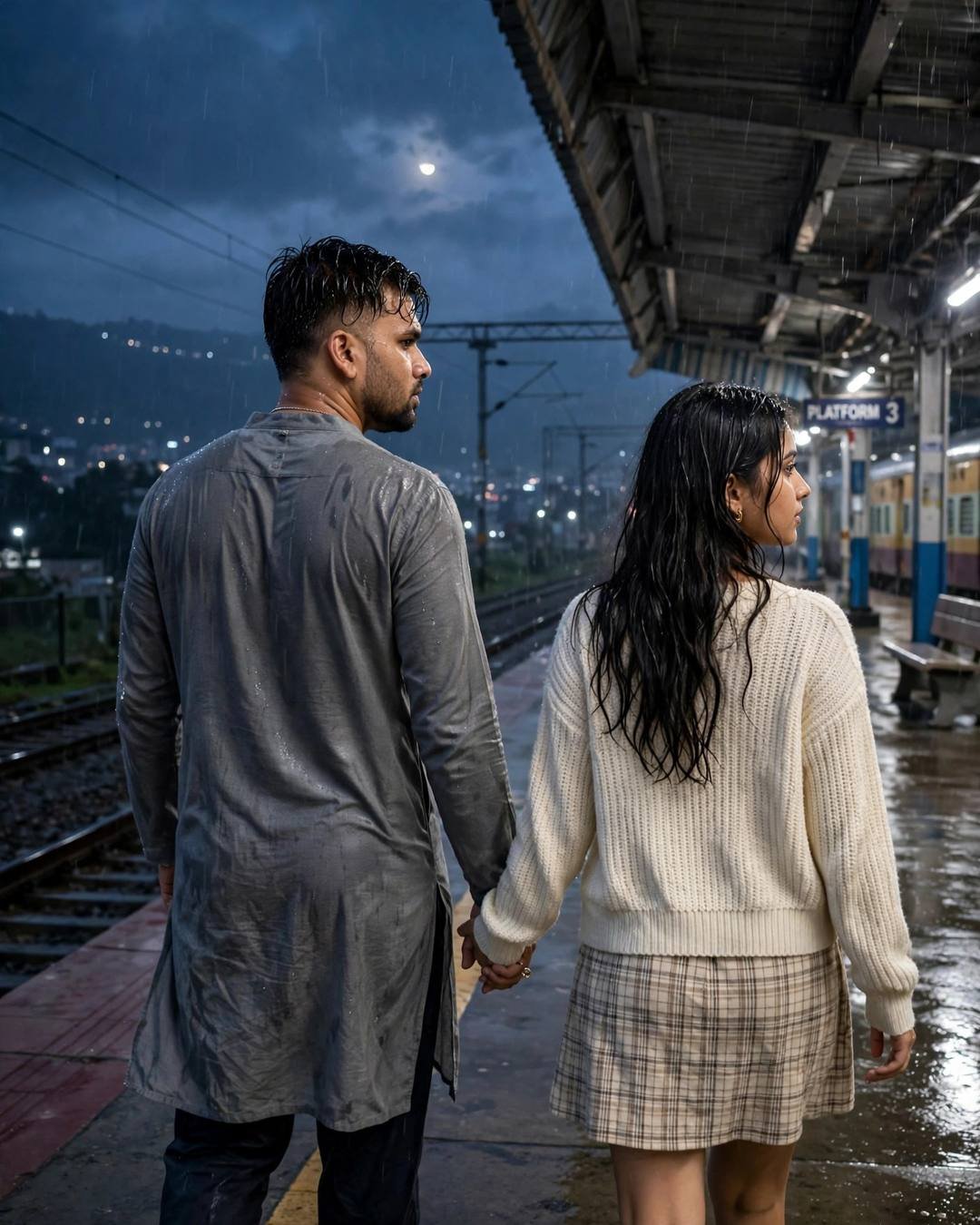Couple walking hand in hand away from the camera on an empty moonlit railway platform at night, tracks gleaming in the rain