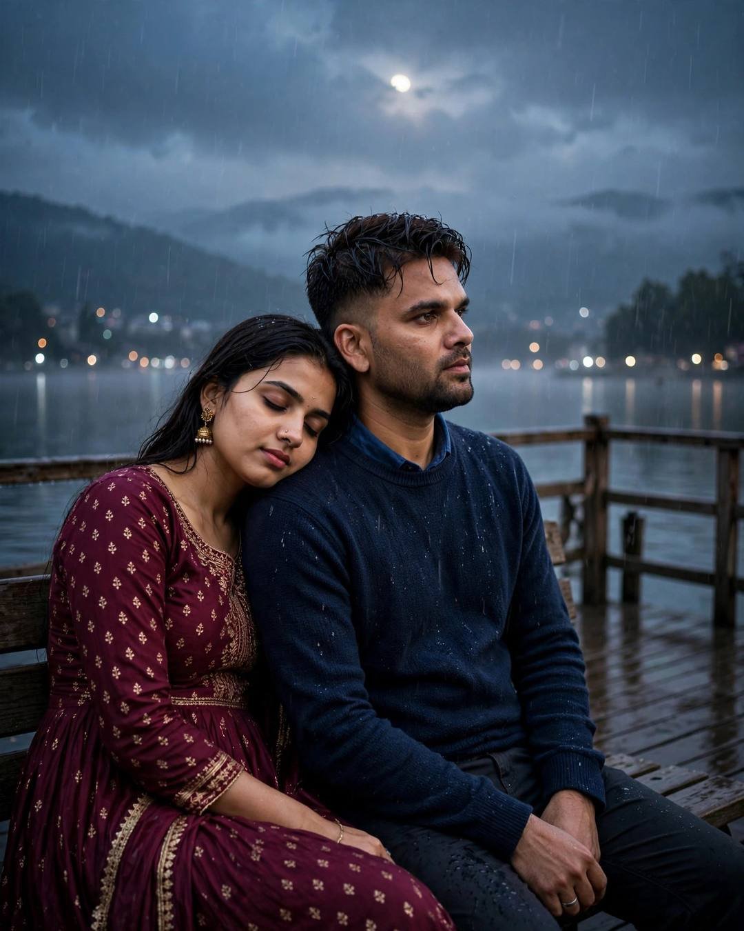 Couple sitting close on a bench at a moonlit lake pier in the drizzle, her head resting on his shoulder